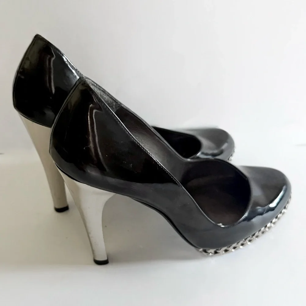 Stuart Weitzman Black Patent Leather Pumps Chain Link Platform Stiletto Heels
